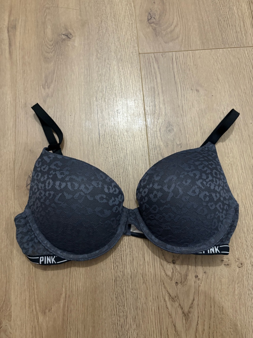 PINK Victoria's Secret Charcoal Gray Lace-Overlay Push-Up Bra